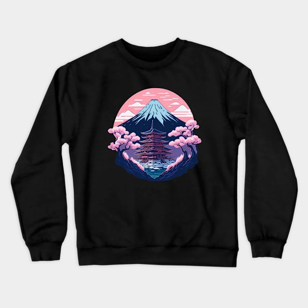 Symmetrical Japanese Pagoda, Mountain and Flowers Crewneck Sweatshirt by Lady Lilac